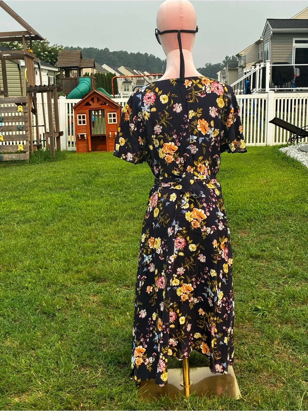 LOFT Black Floral Maxi Dress with Pink, Yellow & Blue Blooms Size 14 - Picture 3 of 4
